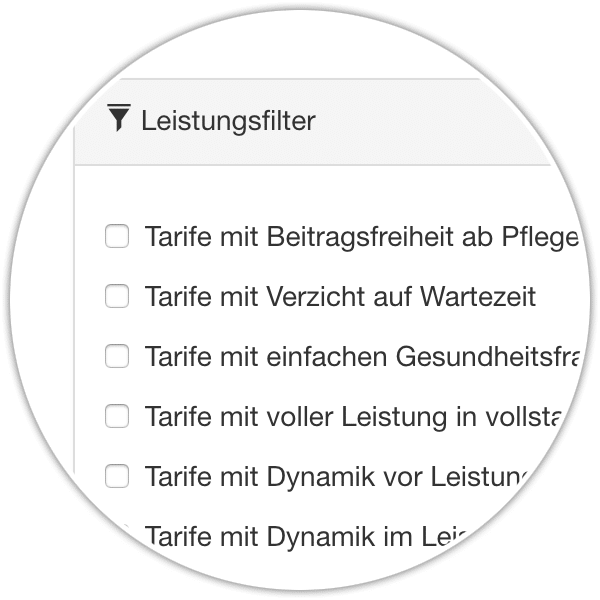 Leistungsfilter im Pflegezusatz-Vergleichsrechner mit Auswahlfeldern für Beitragsfreiheit, Verzicht auf Wartezeit und einfache Gesundheitsfragen.