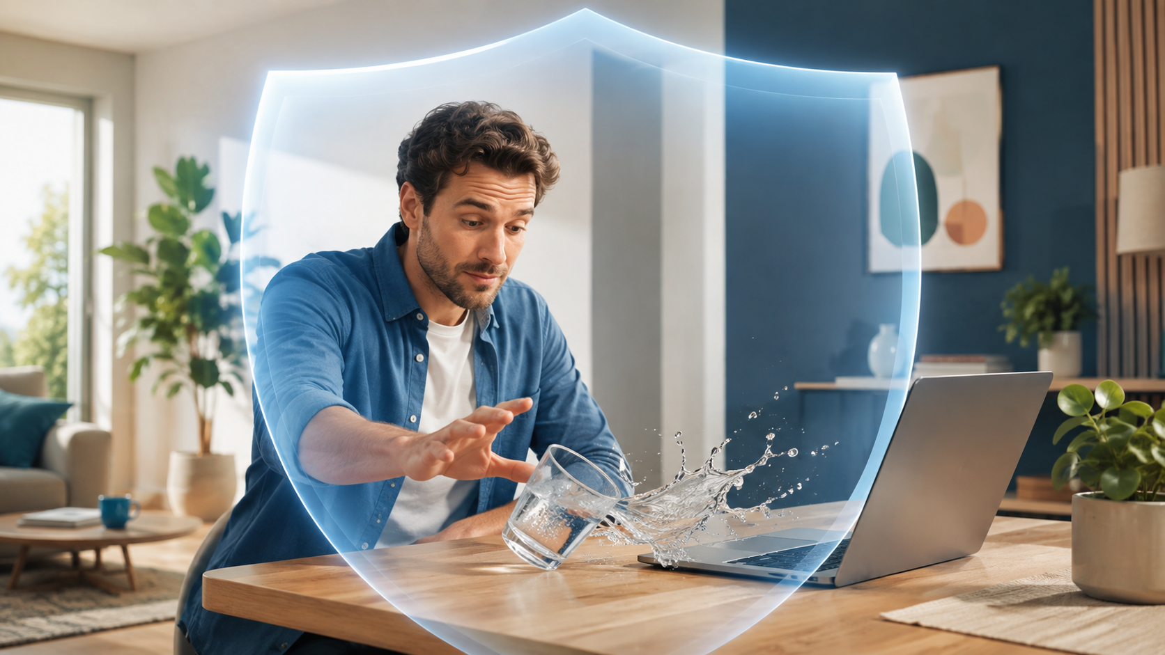 Mann verschüttet versehentlich Wasser neben einem Laptop, während ein Schutzschild die Absicherung durch eine private Haftpflichtversicherung symbolisiert.