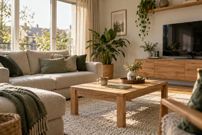 Hausratversicherung – Ihr Zuhause gut abgesichert Wohnzimmer mit grünem Sofa, Holzmöbeln und Pflanzen