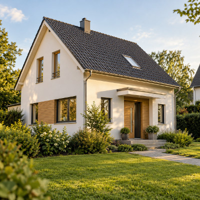 Wohngebäudeversicherung – Schutz für Ihr Zuhause Wohnzimmer mit grünem Sofa, Holzmöbeln und Pflanzen